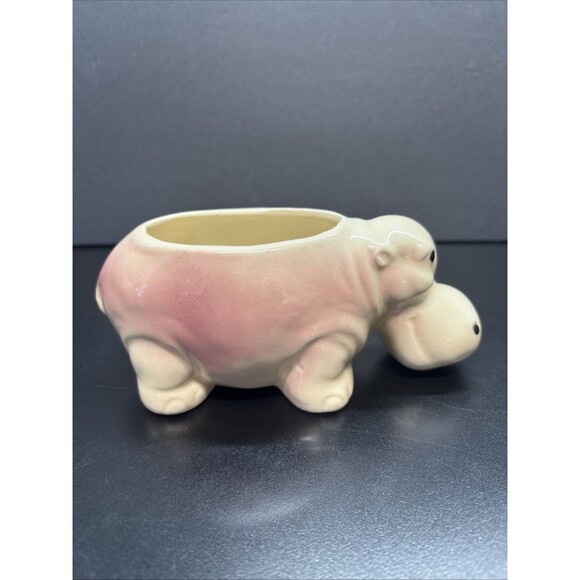 Vintage Ceramic Hippo Planter Figurine Pink & Cream Glaze - Picture 1 of 6
